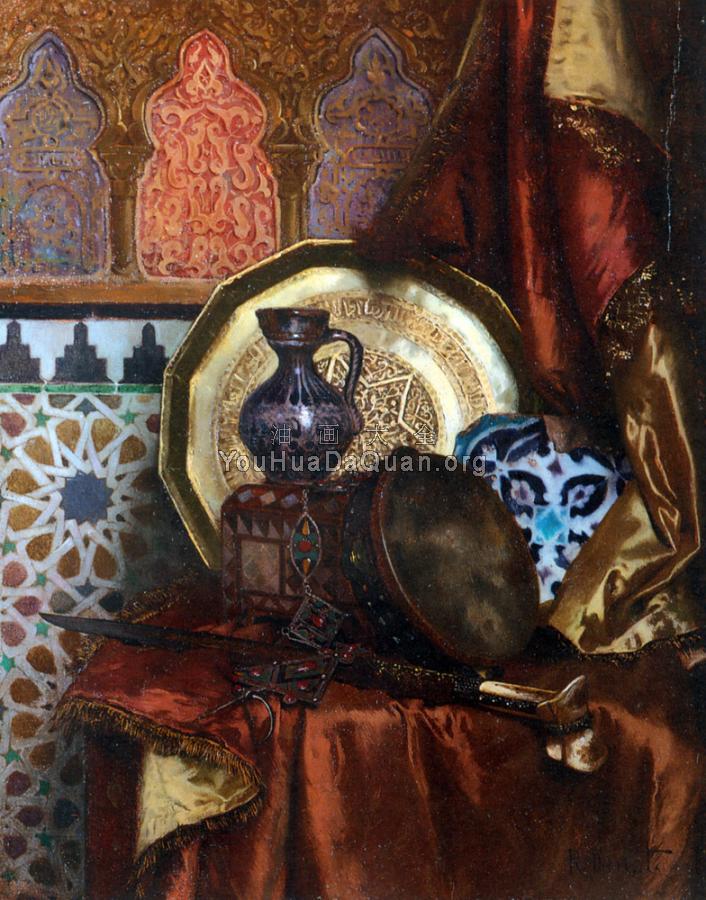A Tambourine, Knife, Moroccan Tile and Plate on Satin covered Table - 鲁道夫·恩斯特